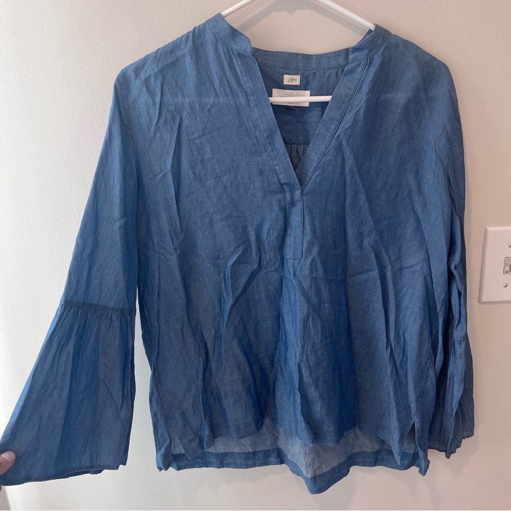 Loft Denim Like V-Neck Top with Statement Sleeves